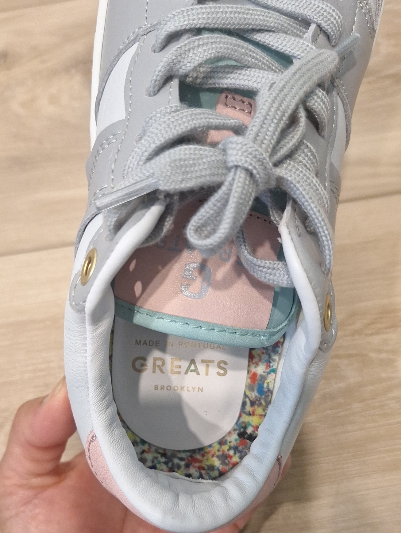 Greats Brooklyn Grey & White Leather Sneakers With Pastel Pink & Mint Accents 6 — image 7 of 8